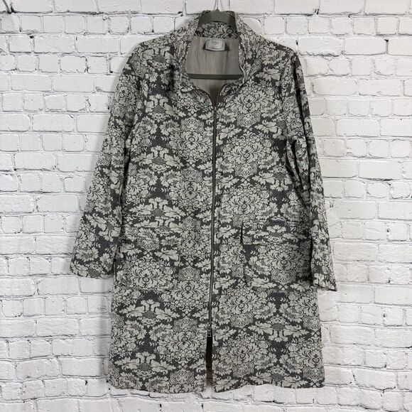 Chalet Et Ceci Full Zip Floral Cardi Jacket Top Gray Motif Womens S Cotton Linen
